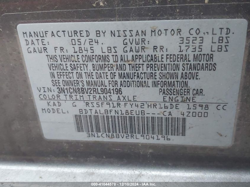 VIN 3N1CN8BV2RL904196 2024 NISSAN VERSA no.9