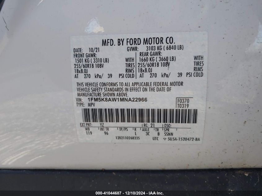 2021 Ford Police Interceptor Utility VIN: 1FM5K8AW1MNA22966 Lot: 41044687