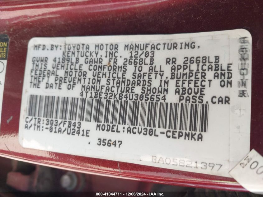 2004 Toyota Camry Le VIN: 4T1BE32K84U305654 Lot: 41044711