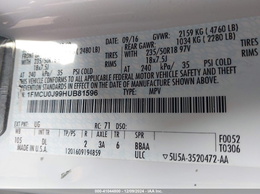 2017 FORD ESCAPE VIN: 1FMCU0J99HUB81596