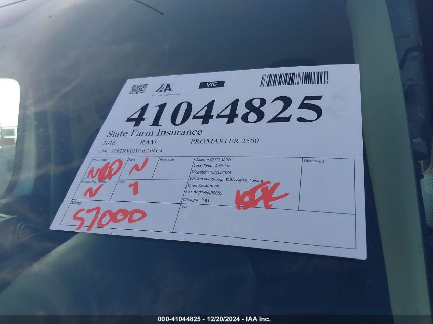 2016 Ram Promaster 2500 High Roof VIN: 3C6TRVDD7GE119654 Lot: 41044825