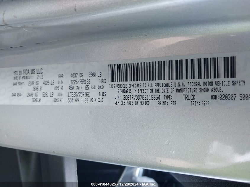 2016 Ram Promaster 2500 High Roof VIN: 3C6TRVDD7GE119654 Lot: 41044825