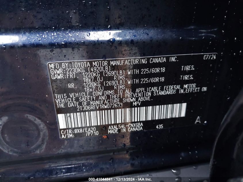 VIN 2T3D6RFV1RW072633 2024 TOYOTA RAV4 HYBRID LIMITED