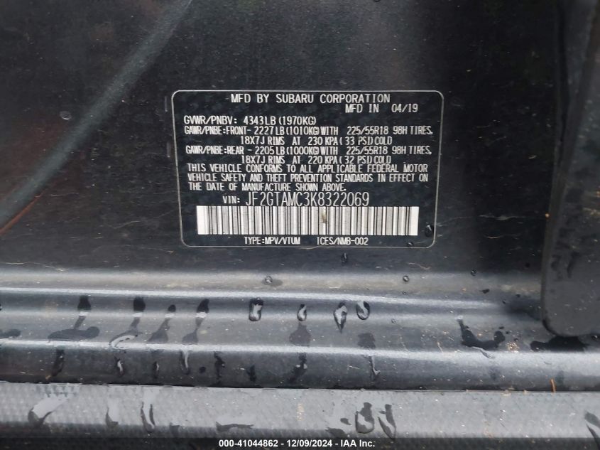 2019 SUBARU CROSSTREK VIN: JF2GTAMC3K8322069