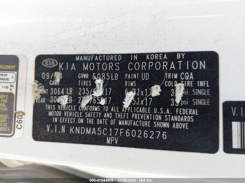 2015 Kia Sedona L VIN: KNDMA5C17F6026276 Lot: 41044909