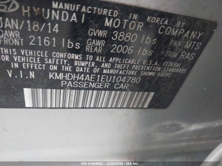 VIN KMHDH4AE1EU104780 2014 Hyundai Elantra, SE no.9