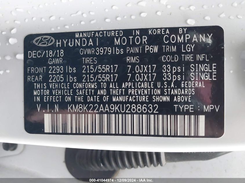 2019 Hyundai Kona Sel VIN: KM8K22AA9KU288632 Lot: 41044974