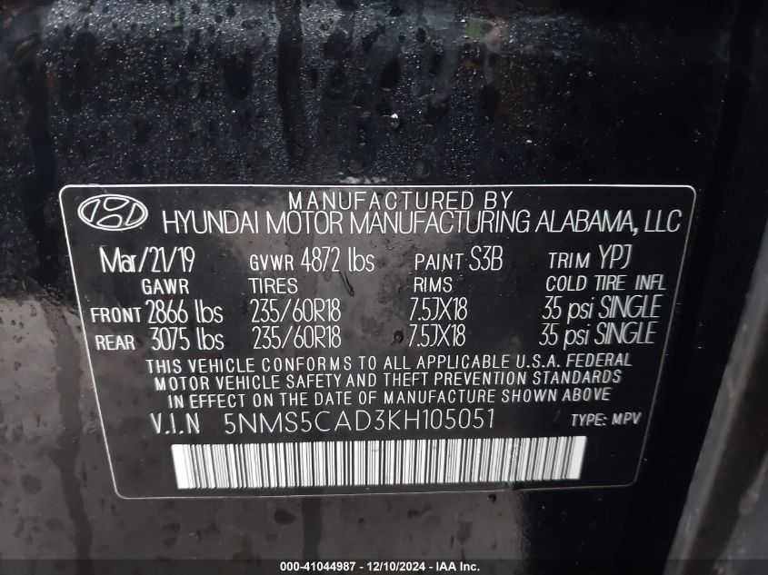 VIN 5NMS5CAD3KH105051 2019 HYUNDAI SANTA FE no.9