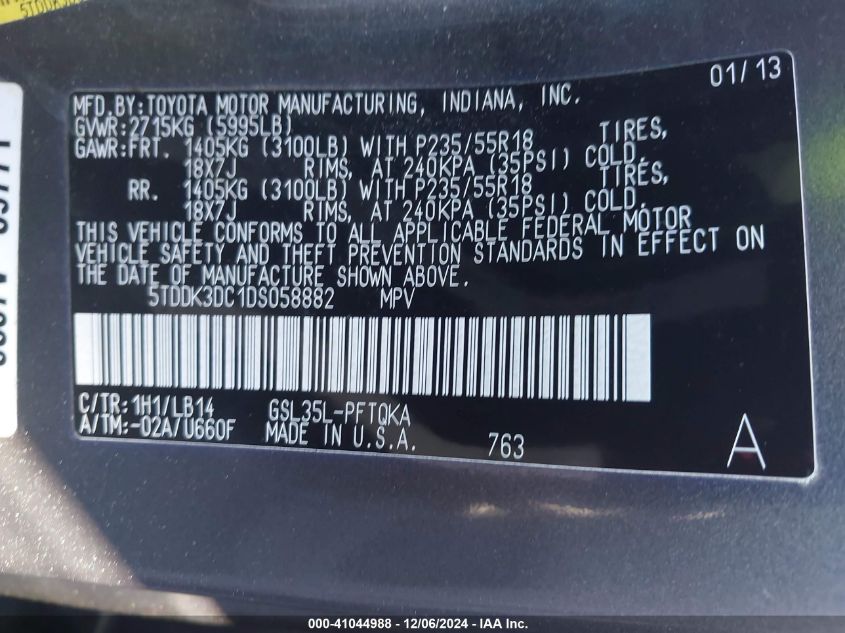 VIN 5TDDK3DC1DS058882 2013 Toyota Sienna, Xle 7 Pas... no.9