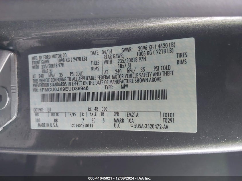 2014 FORD ESCAPE VIN: 1FMCU0JX9EUD36948