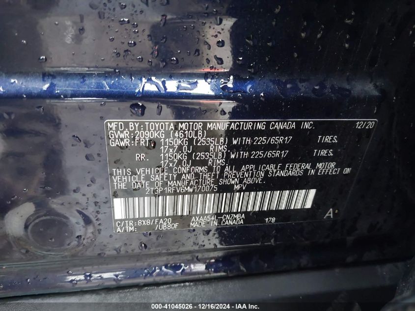 VIN 2T3P1RFV6MW170075 2021 Toyota RAV4, Xle no.9