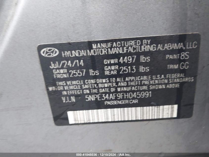 VIN 5NPE34AF9FH045991 2015 HYUNDAI SONATA no.9