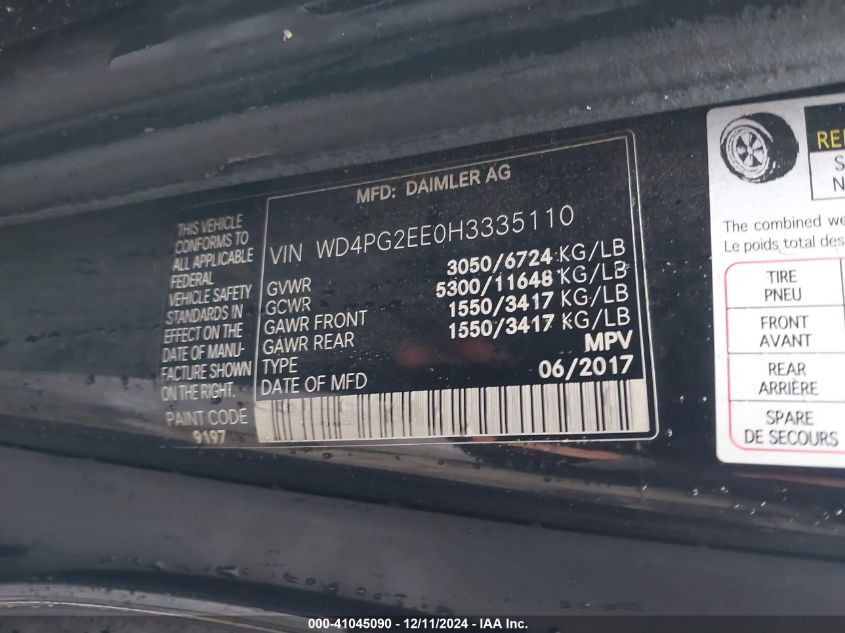 VIN WD4PG2EE0H3335110 2017 Mercedes-Benz Metris no.9