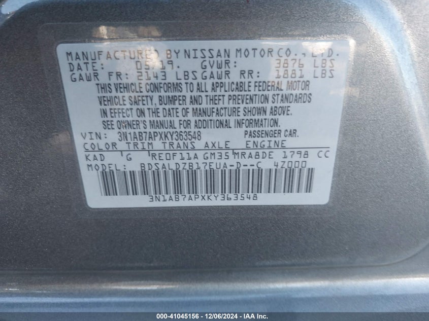 2019 NISSAN SENTRA SV - 3N1AB7APXKY363548
