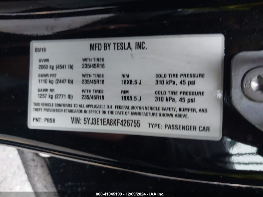 2019 TESLA MODEL 3 LONG RANGE/MID RANGE/STANDARD RANGE/STANDARD RANGE PLUS - 5YJ3E1EA8KF426755