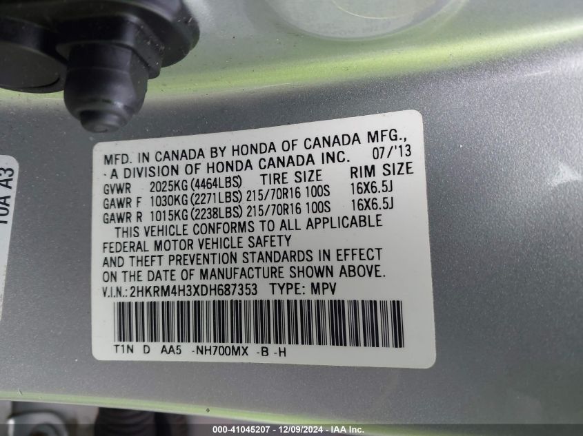 VIN 2HKRM4H3XDH687353 2013 Honda CR-V, LX no.9