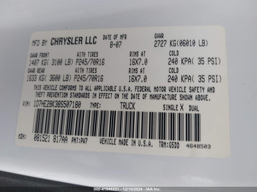 2008 DODG DAKOTA ST CREW CAB VIN: 1D7HE28K38S507180