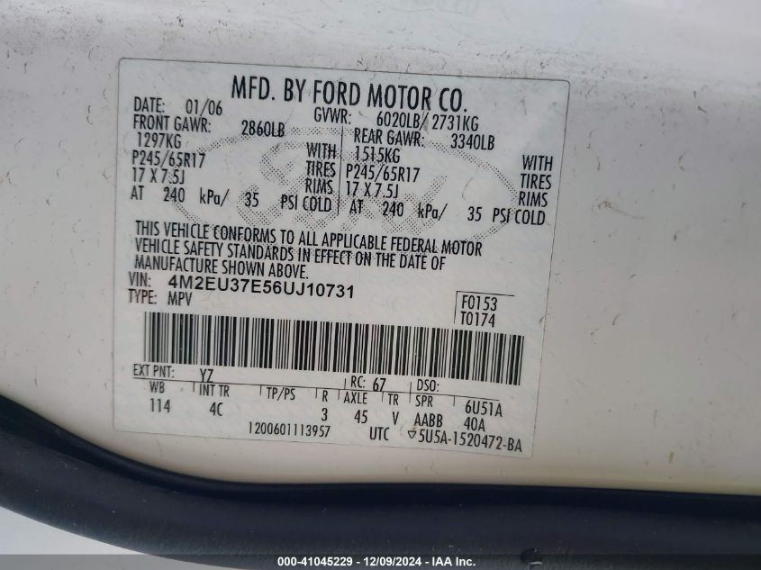 2006 MERCURY MOUNTAINEER VIN: 4M2EU37E56UJ10731