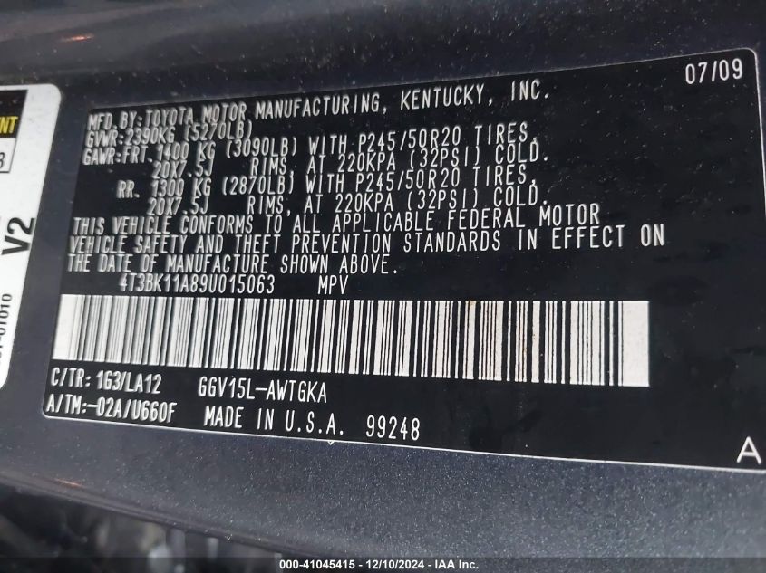 2009 Toyota Venza Base V6 VIN: 4T3BK11A89U015063 Lot: 41045415