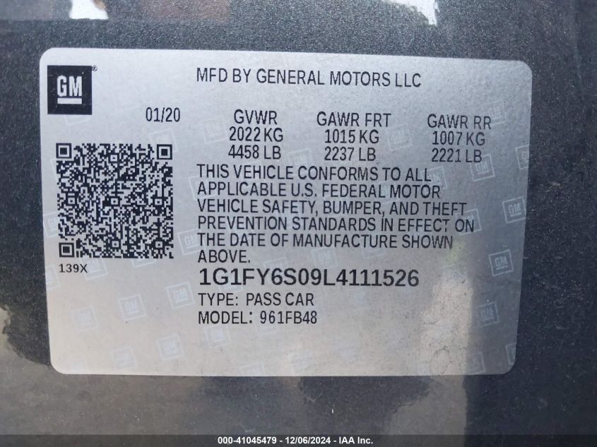 VIN 1G1FY6S09L4111526 2020 CHEVROLET BOLT EV no.9