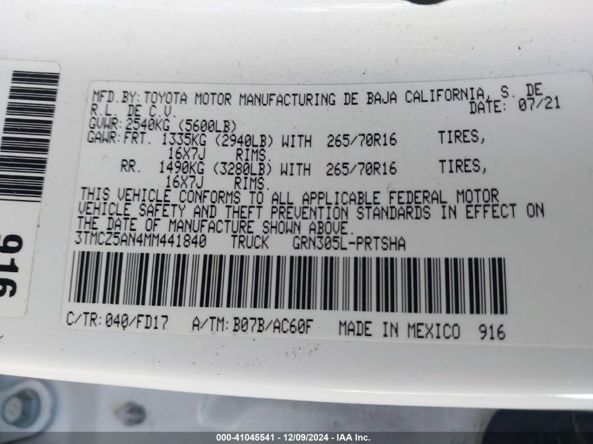 2021 Toyota Tacoma Double Cab/Sr/Sr5/Trd Sport/Trd Off Road/Trd Pro VIN: 3TMCZ5AN4MM441840 Lot: 41045541