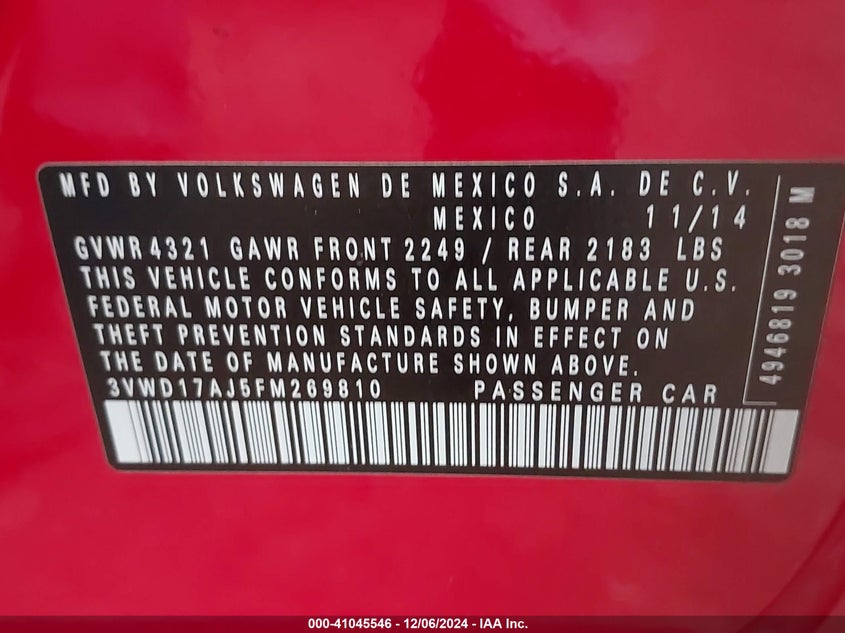 2015 VOLKSWAGEN JETTA VIN: 3VWD17AJ5FM269810