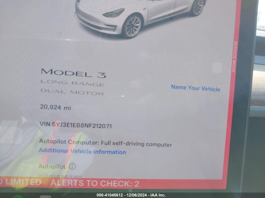 2022 TESLA MODEL 3 LONG RANGE DUAL MOTOR ALL-WHEEL DRIVE - 5YJ3E1EB8NF212071