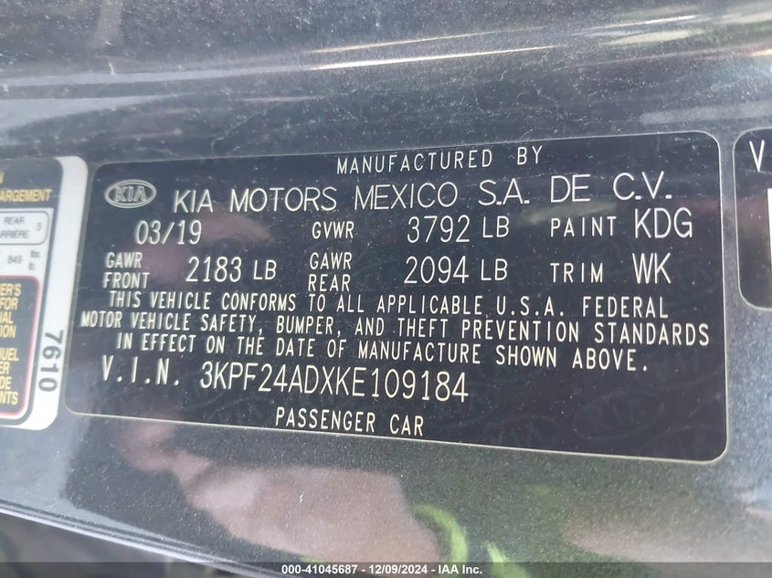 2019 KIA FORTE VIN: 3KPF24ADXKE109184