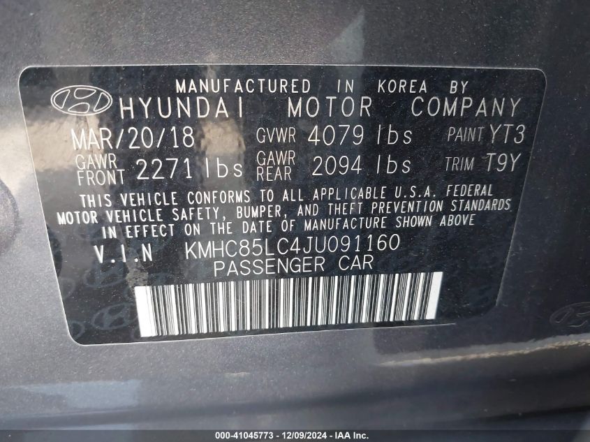 2018 Hyundai Ioniq Hybrid Limited VIN: KMHC85LC4JU091160 Lot: 41045773