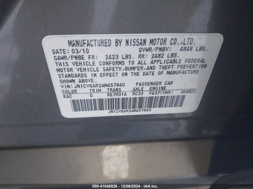 2010 Infiniti G37X VIN: JN1CV6AR2AM457940 Lot: 41045826