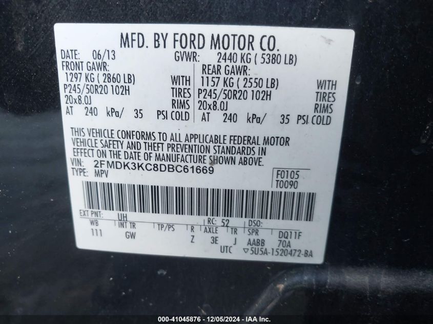 VIN 2FMDK3KC8DBC61669 2013 FORD EDGE no.9