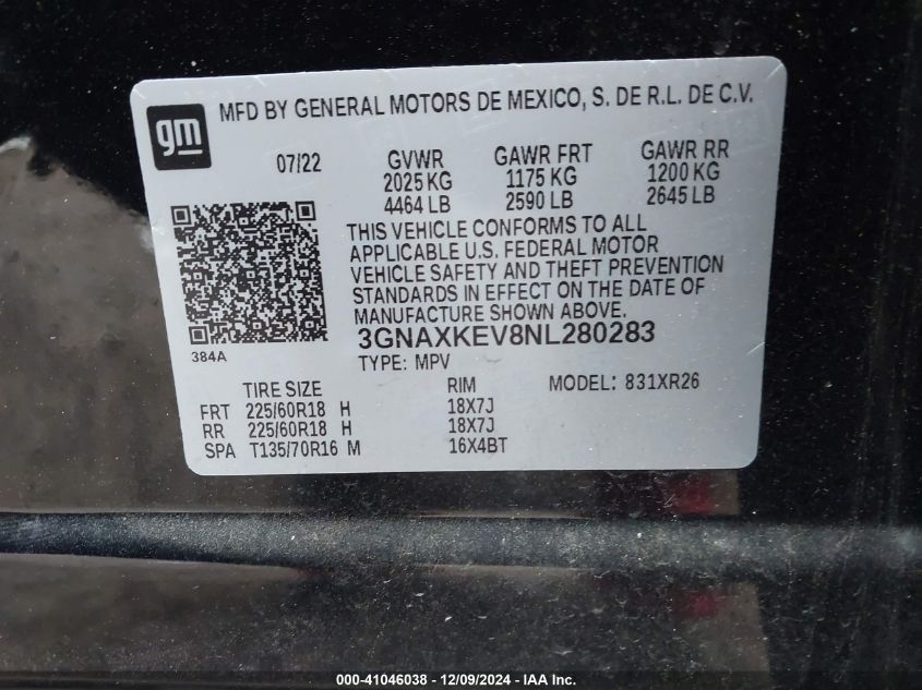 VIN 3GNAXKEV8NL280283 2022 Chevrolet Equinox, Fwd Lt no.9