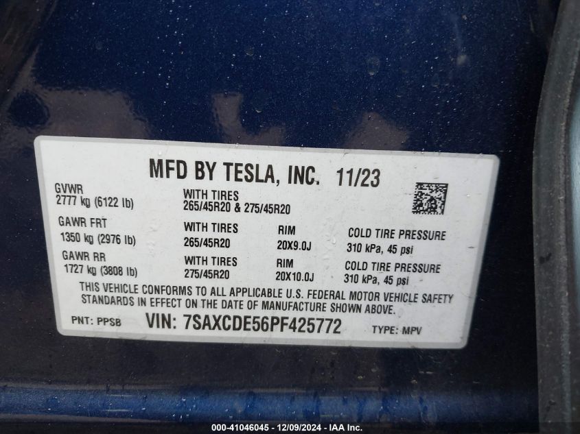 2023 Tesla Model X Dual Motor All-Wheel Drive/Standard Range VIN: 7SAXCDE56PF425772 Lot: 41046045