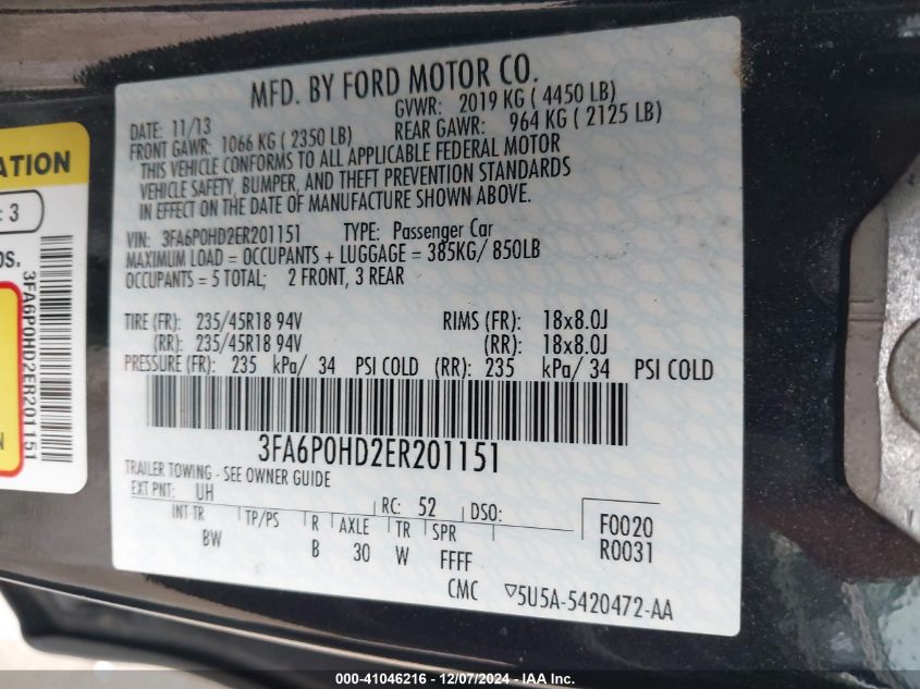 VIN 3FA6P0HD2ER201151 2014 FORD FUSION no.9