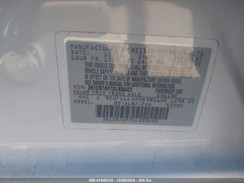 VIN 3N1CN7AP7GL850422 2016 NISSAN VERSA no.9