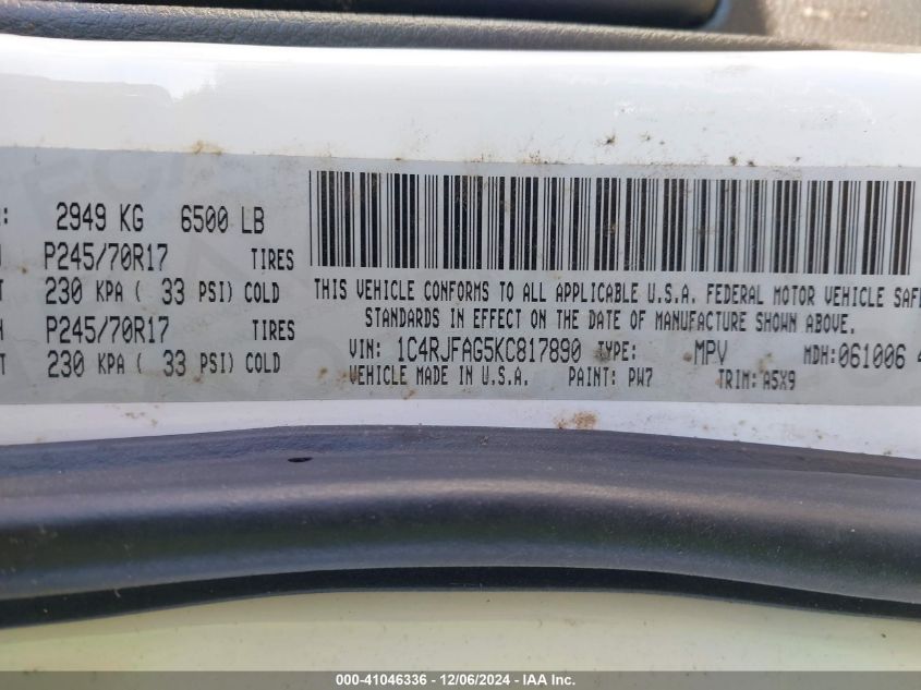 2019 Jeep Grand Cherokee Laredo E 4X4 VIN: 1C4RJFAG5KC817890 Lot: 41046336