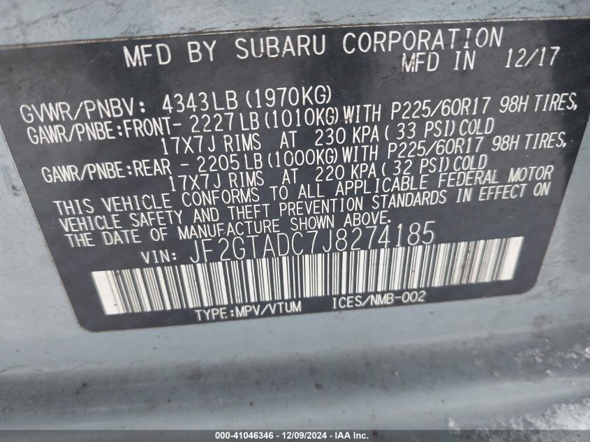 VIN JF2GTADC7J8274185 2018 SUBARU CROSSTREK no.9