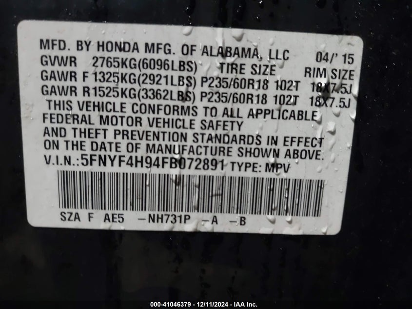 2015 Honda Pilot Touring VIN: 5FNYF3H94FB072891 Lot: 41046379