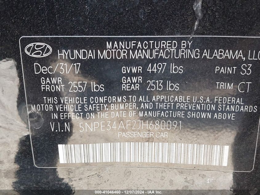 VIN 5NPE34AF2JH680091 2018 Hyundai Sonata, Sport no.9