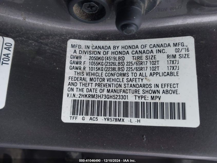 VIN 2HKRM3H73GH523301 2016 Honda CR-V, Ex-L no.9