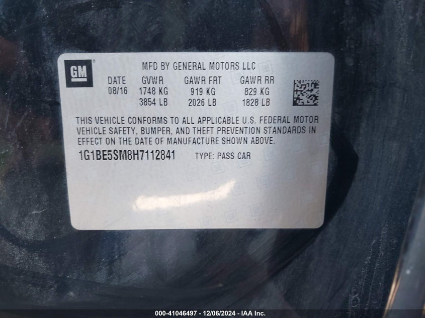 2017 CHEVROLET CRUZE VIN: 1G1BE5SM8H7112841