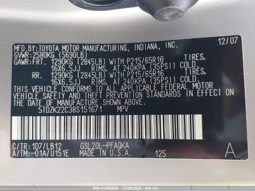 2008 Toyota Sienna VIN: 35TDZK22C38S15167 Lot: 41046569