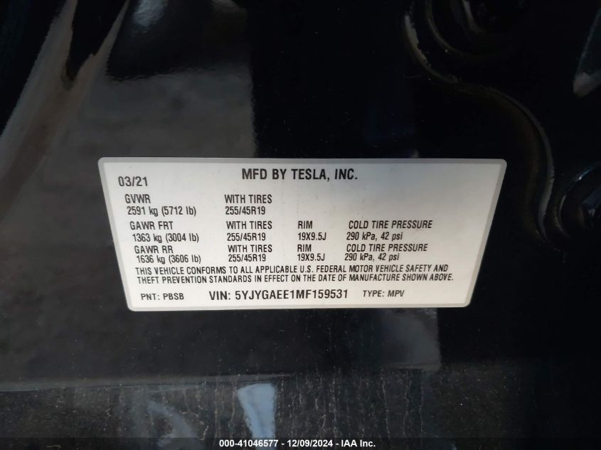 2021 Tesla Model Y Long Range Dual Motor All-Wheel Drive VIN: 5YJYGAEE1MF159531 Lot: 41046577