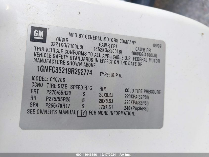 2009 Chevrolet Tahoe Ltz VIN: 1GNFC33219R292774 Lot: 41046696