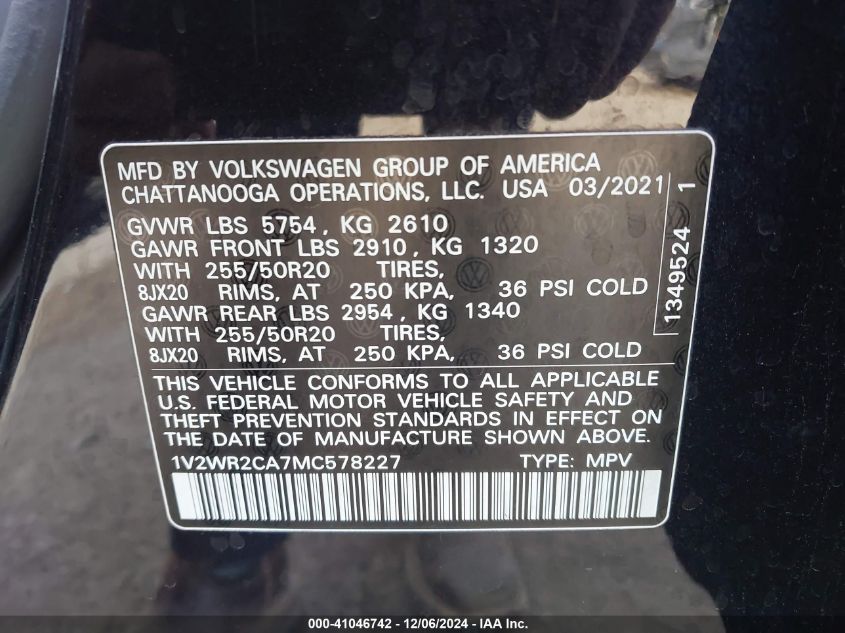 VIN 1V2WR2CA7MC578227 2021 Volkswagen Atlas, 3.6L V... no.9