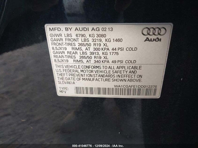 VIN WA1CGAFE1DD012376 2013 Audi Q7, 3.0T Premium no.9