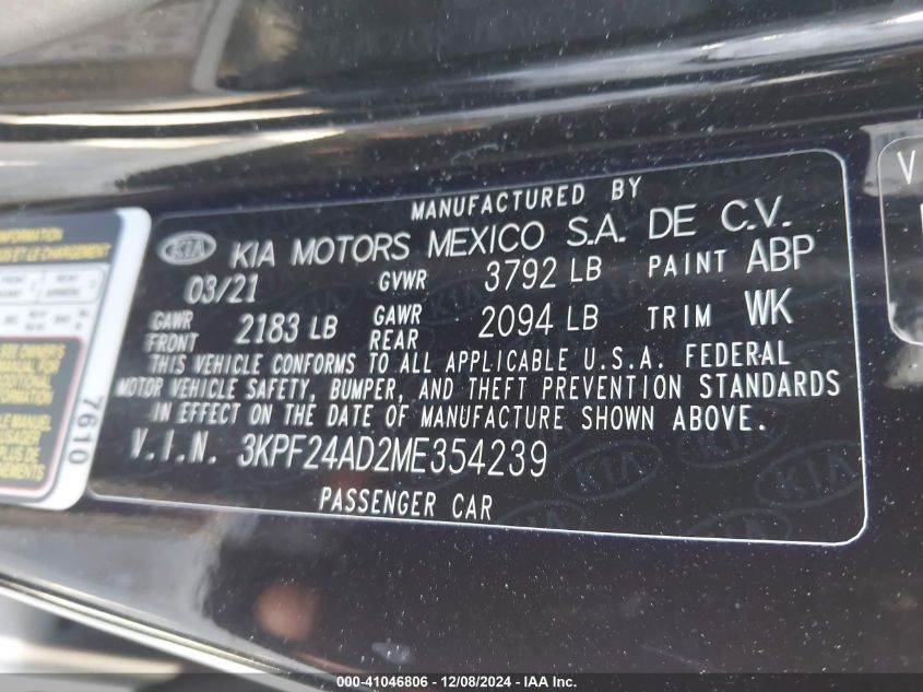 2021 Kia Forte Lxs VIN: 3KPF24AD2ME354239 Lot: 41046806