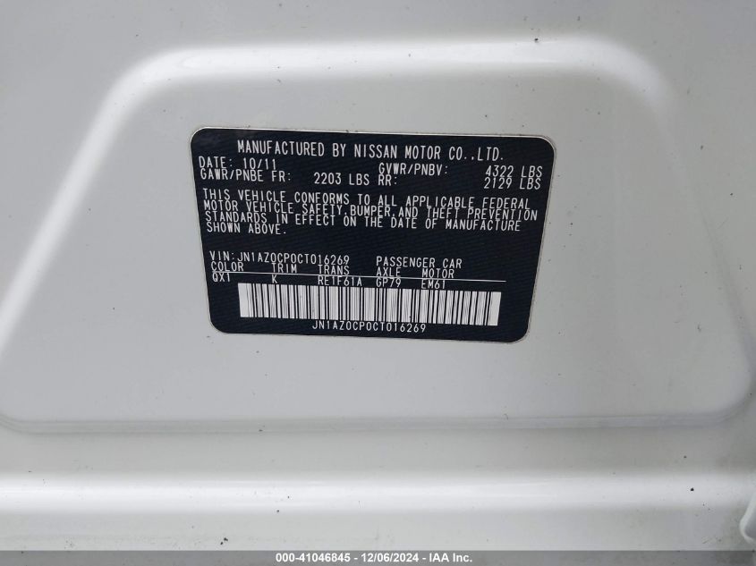 2012 Nissan Leaf Sl VIN: JN1AZ0CP0CT016269 Lot: 41046845