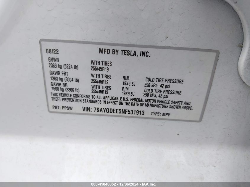 2022 TESLA MODEL Y LONG RANGE DUAL MOTOR ALL-WHEEL DRIVE - 7SAYGDEE5NF531913