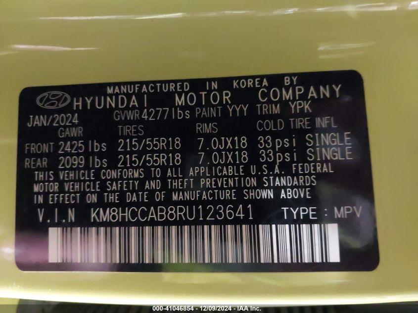 2024 Hyundai Kona Sel VIN: KM8HCCAB8RU123641 Lot: 41046854